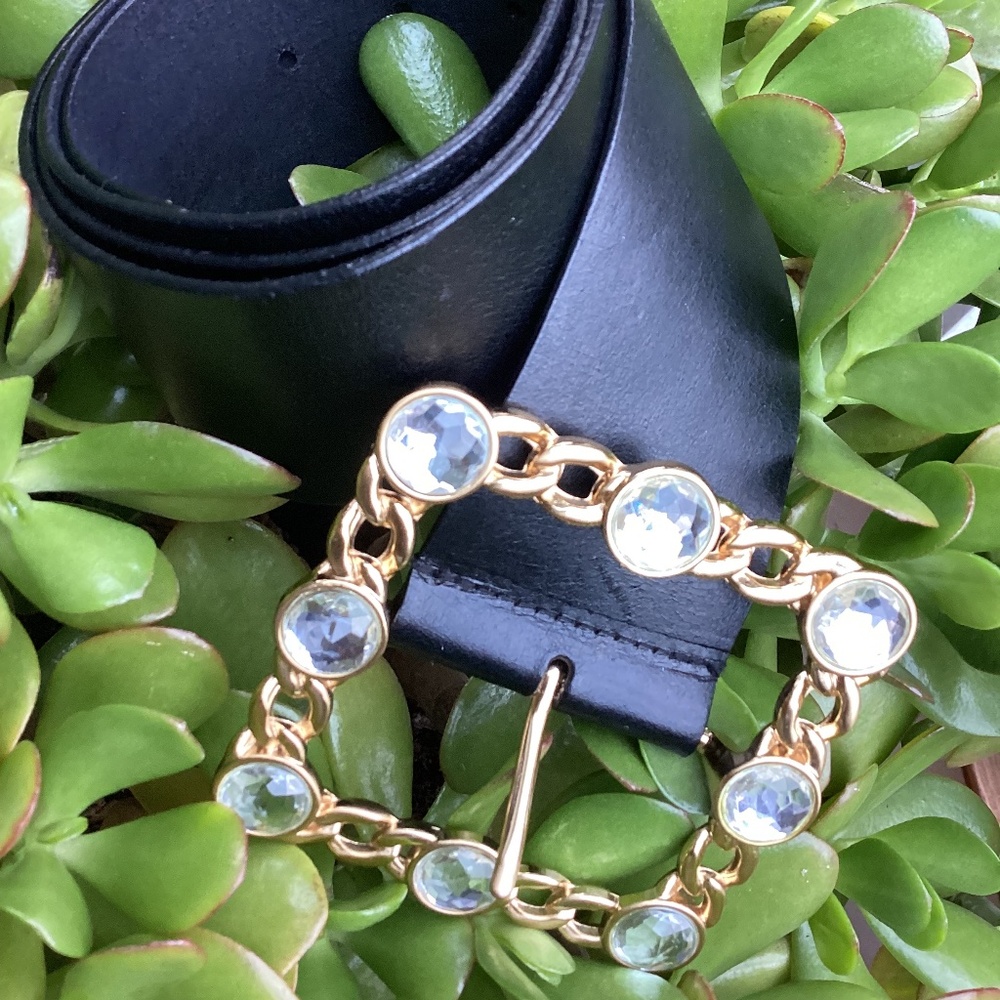 Black Gold Rhinestone Leather Belt